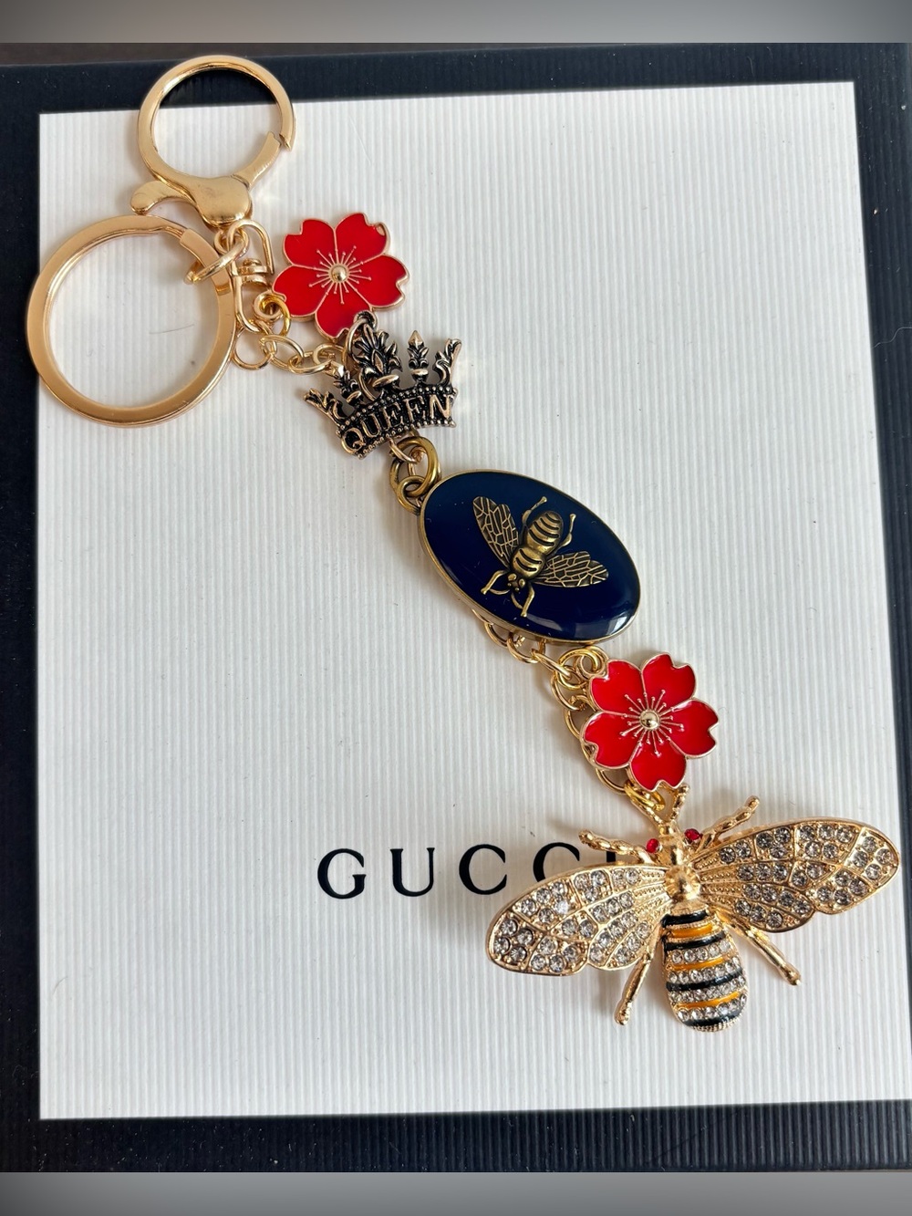 Upcycled designer Bee Medallion Bag Charm, enamel flowers, Queen Bee, 7.25 in.